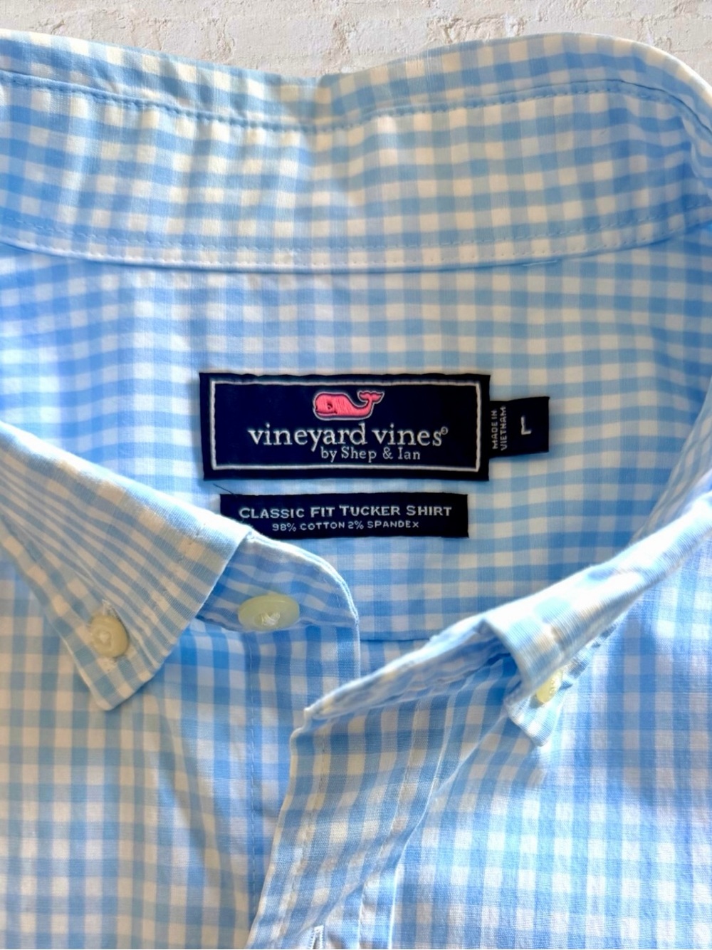Vineyard Vines Classic Fit Tucker Shirt L Blue White Gingham Button Down Stretch